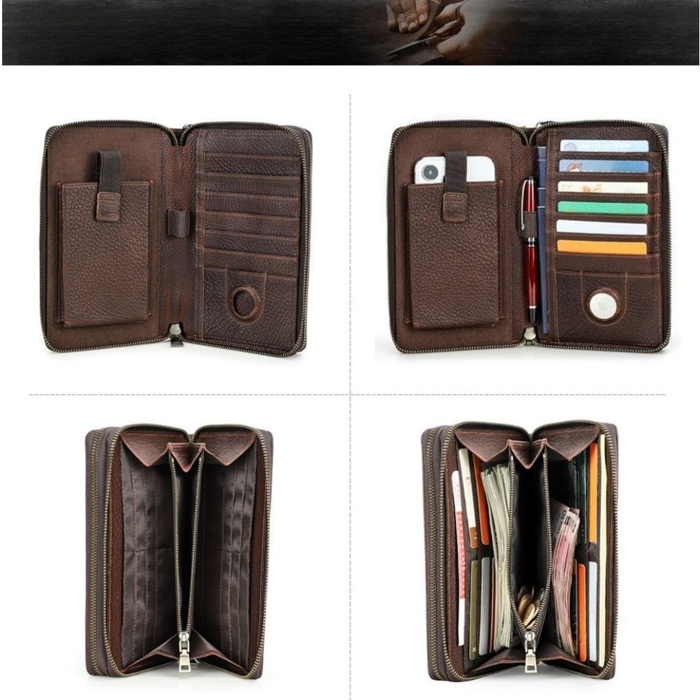 Retro Rfid-Blocking Genuine Leather Wallet Compatible for Phone Slot with Airtag Holder, Spacious Coin Pocket And Card Holder - Hard-Wearing Crazy Horse, Perfect for Everyday Use