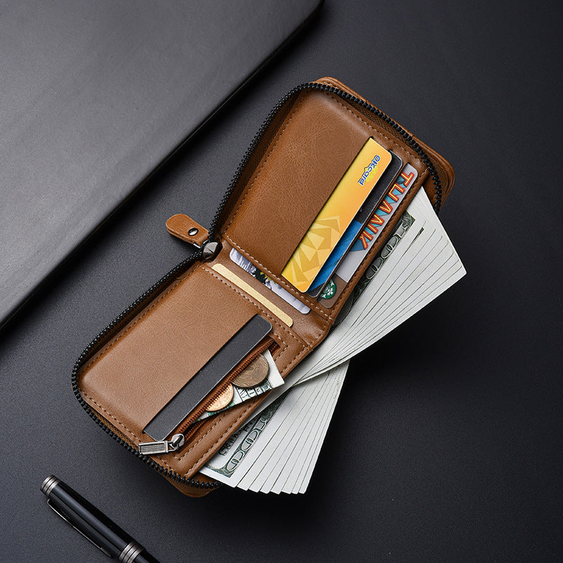Men'S Short Wallet | Hot List Zipper Multi-Functional Driver'S License and Bank Card Holder, Casual Style, Solid Color