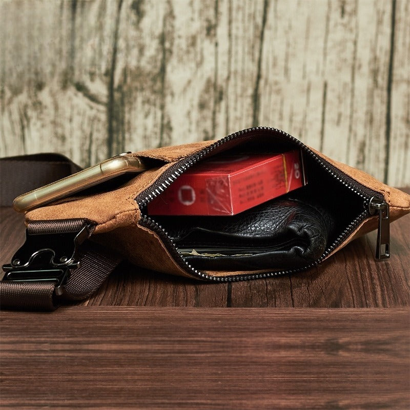 Men's Top Layer Cowhide Chest Bag, Fashionable Cycling Crossbody Bag, Genuine Leather Gun Bag Design, Casual Multifunctional Men's Bag, Trendy Commuting Equipment