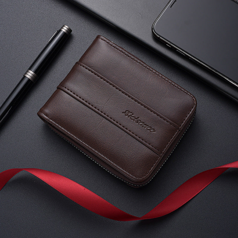 Men'S Short Wallet | Hot List Zipper Multi-Functional Driver'S License and Bank Card Holder, Casual Style, Solid Color