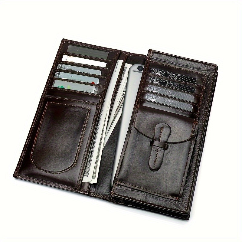 1pc Fashion Classic Retro Genuine Leather Wallet | Handmade Men'S Leather Long Wallet, Pocket Wallet, Clutch Bag, Cash Card Holder, Travel Wallet, Cash Organizer, Minimalist Wallet, Vintage Aesthetic, Durable Leather, Bi-fold Wallet, Coffee Color