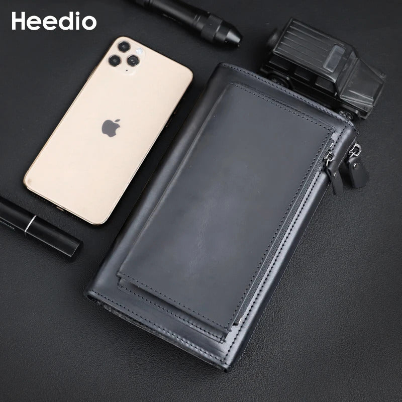 Crazy Horse Leather Men Long Purse Wallet Credit Card Zipper Wallets Male Clutch Bag with Phone Pocket Business Long Wallet