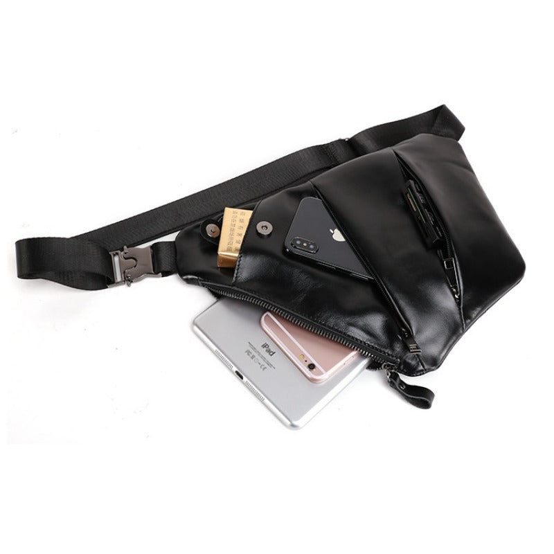 Men's Top Layer Cowhide Chest Bag, Fashionable Cycling Crossbody Bag, Genuine Leather Gun Bag Design, Casual Multifunctional Men's Bag, Trendy Commuting Equipment