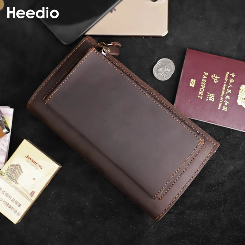 Crazy Horse Leather Men Long Purse Wallet Credit Card Zipper Wallets Male Clutch Bag with Phone Pocket Business Long Wallet