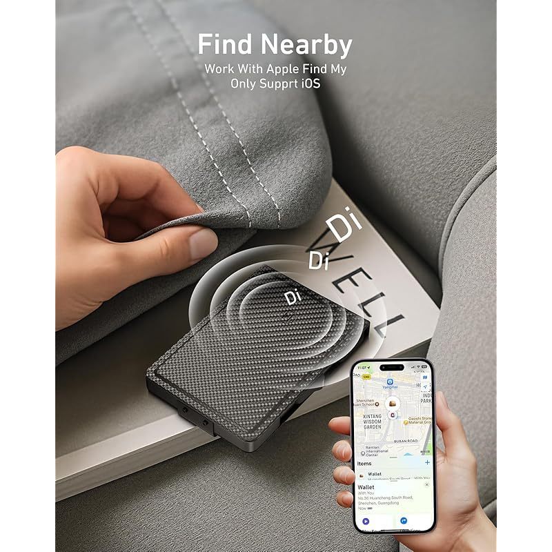 Wallet with Tracker for Men . Works with Apple Find My iOS Only . 8-Card RFID Blocking . Mens Smart Wallets with GPS Tracker with Money Clip & ID Window . Gift for Him . Not for Android . Carbon Black
