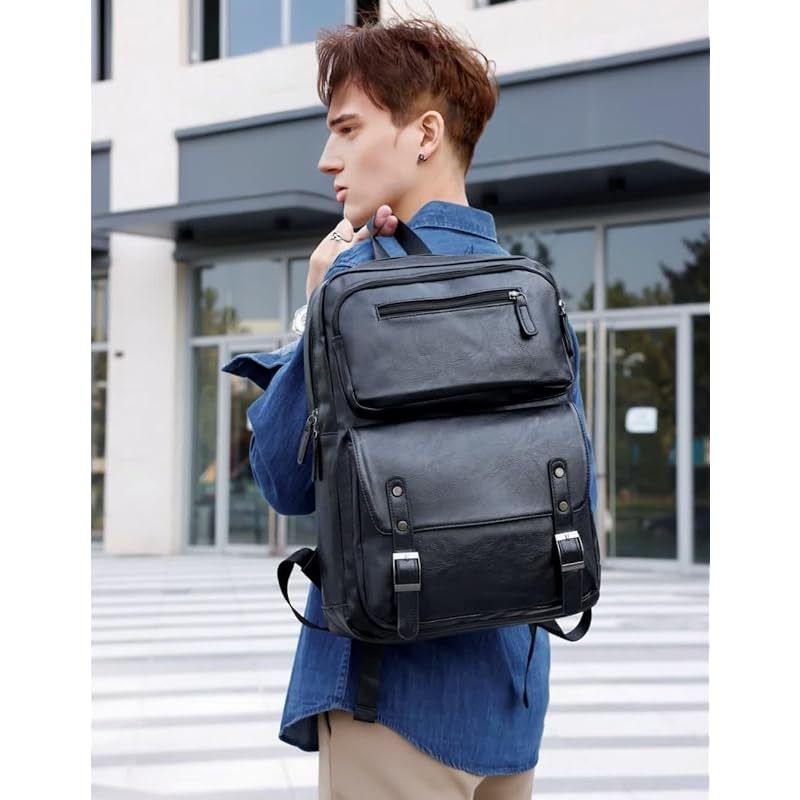 PU Casual Backpack Men Women casual Leather laptop backpack Daily commuter leather backpack . work Black