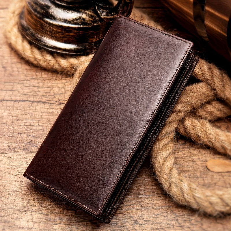 1pc Fashion Classic Retro Genuine Leather Wallet | Handmade Men'S Leather Long Wallet, Pocket Wallet, Clutch Bag, Cash Card Holder, Travel Wallet, Cash Organizer, Minimalist Wallet, Vintage Aesthetic, Durable Leather, Bi-fold Wallet, Coffee Color