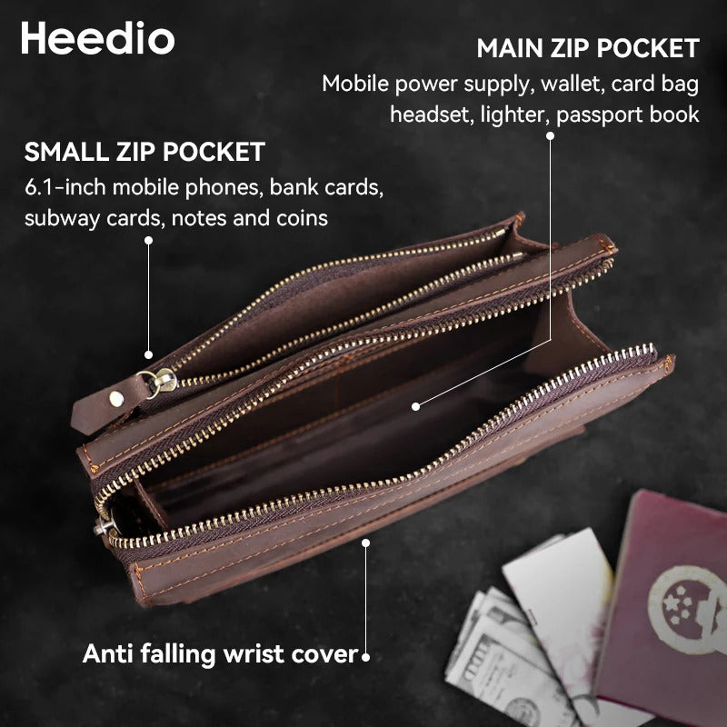 Crazy Horse Leather Men Long Purse Wallet Credit Card Zipper Wallets Male Clutch Bag with Phone Pocket Business Long Wallet