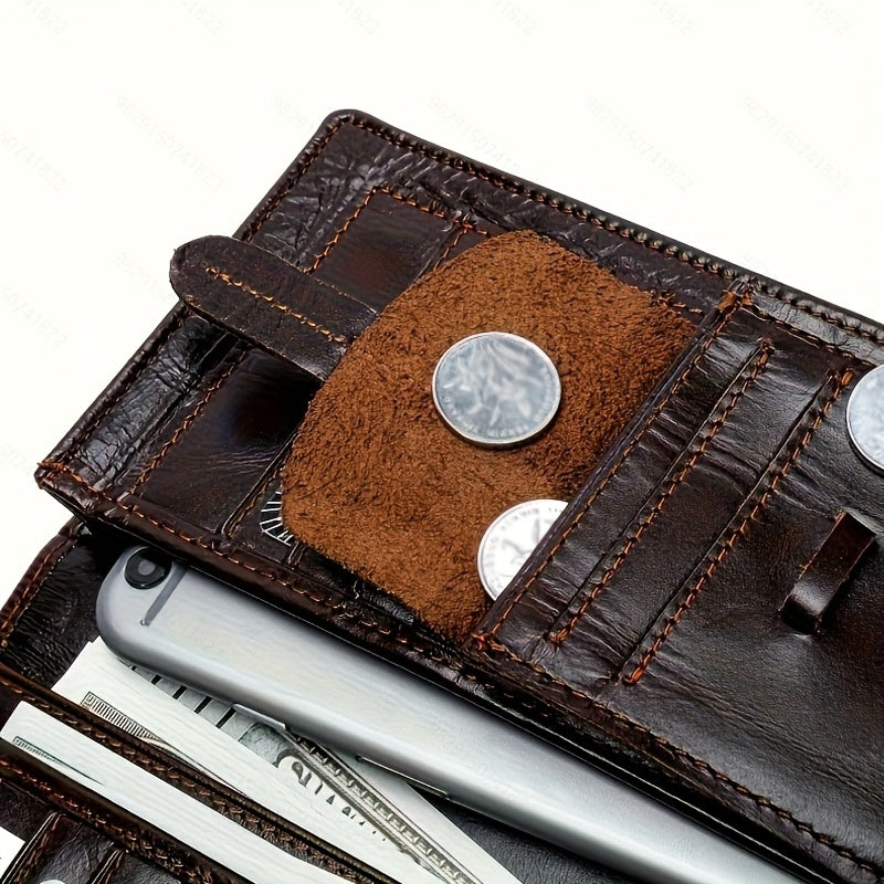 1pc Fashion Classic Retro Genuine Leather Wallet | Handmade Men'S Leather Long Wallet, Pocket Wallet, Clutch Bag, Cash Card Holder, Travel Wallet, Cash Organizer, Minimalist Wallet, Vintage Aesthetic, Durable Leather, Bi-fold Wallet, Coffee Color