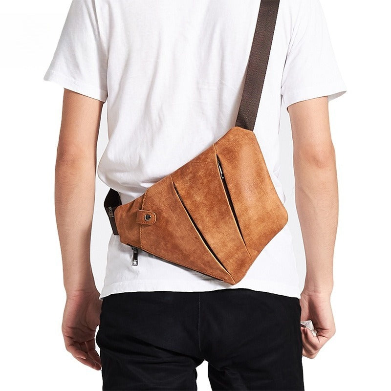 Men's Top Layer Cowhide Chest Bag, Fashionable Cycling Crossbody Bag, Genuine Leather Gun Bag Design, Casual Multifunctional Men's Bag, Trendy Commuting Equipment