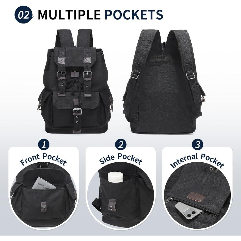 Classic Canvas Backpack for Both Genders, Sturdy Everyday Daypack, Spacious Travel Backpack Suitable for Hiking And Regular Use (Black)