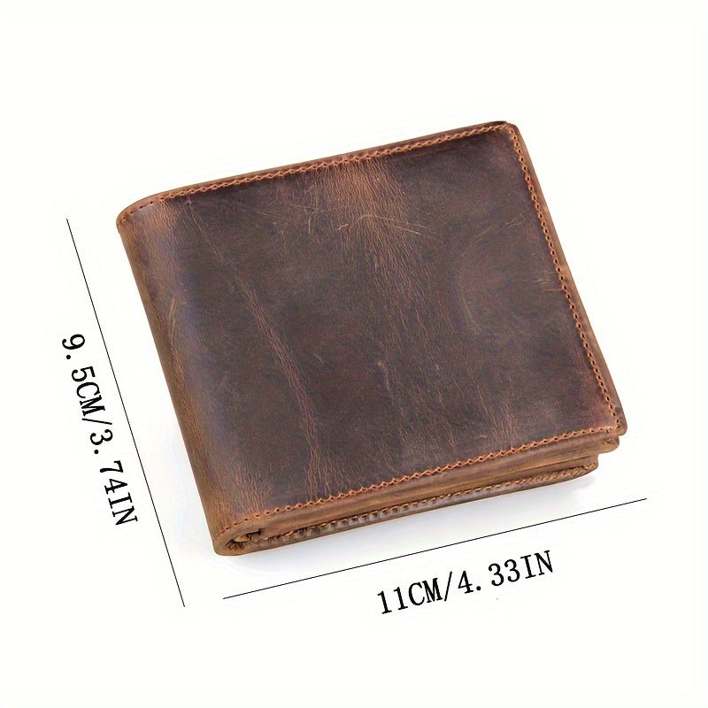 European And American Retro Crazy Horse Faux Leather Wallet, Genuine Faux Leather Short Wallet, Men'S Genuine Faux Leather Wallet, Cowhide Zipper Short Wallet