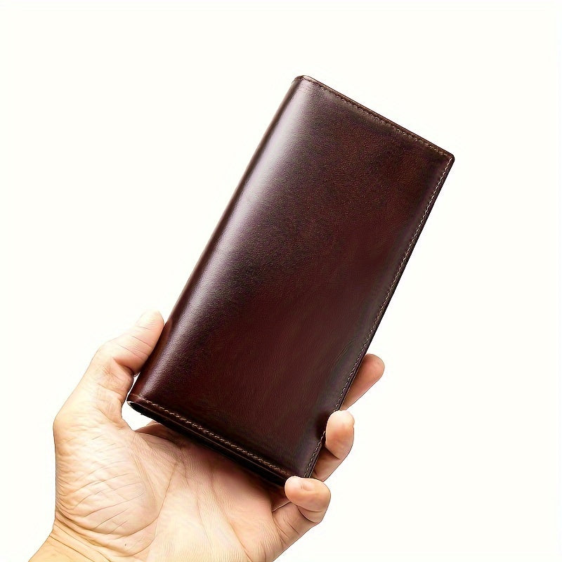 1pc Fashion Classic Retro Genuine Leather Wallet | Handmade Men'S Leather Long Wallet, Pocket Wallet, Clutch Bag, Cash Card Holder, Travel Wallet, Cash Organizer, Minimalist Wallet, Vintage Aesthetic, Durable Leather, Bi-fold Wallet, Coffee Color