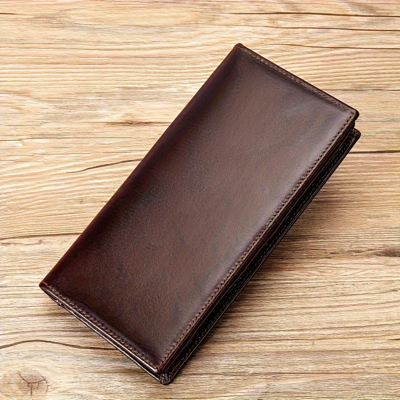 1pc Fashion Classic Retro Genuine Leather Wallet | Handmade Men'S Leather Long Wallet, Pocket Wallet, Clutch Bag, Cash Card Holder, Travel Wallet, Cash Organizer, Minimalist Wallet, Vintage Aesthetic, Durable Leather, Bi-fold Wallet, Coffee Color
